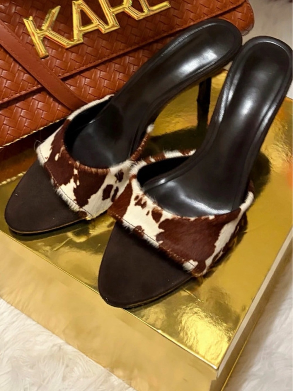 Cow Print Faux Hide Slide Sandals Western Cowgirl Size 8 – New